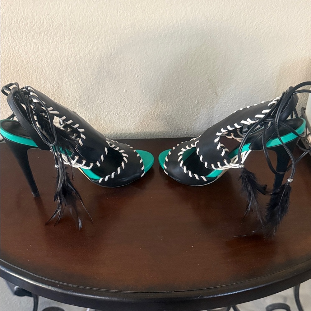 bebe Black and Teal Heels with Feather Accents